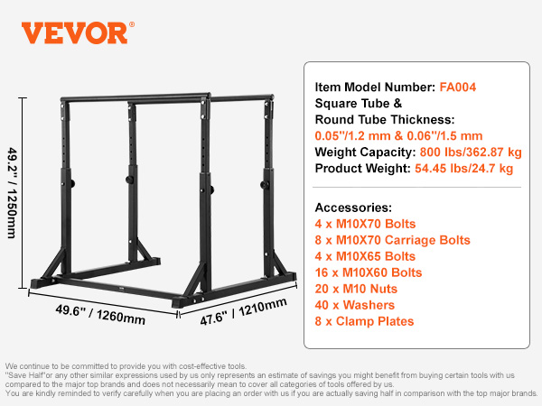 VEVOR dip bar dimensions, weight capacity, and accessories list with branded logo and specifications.