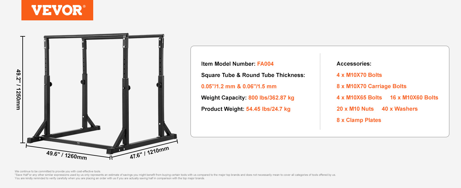 VEVOR dip bar dimensions, weight capacity, and accessories list with branded logo and specifications.