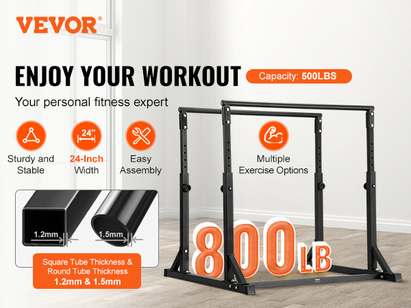 VEVOR dip bar for home workouts, 800lbs capacity, 43-inch width, easy assembly, sturdy and stable.