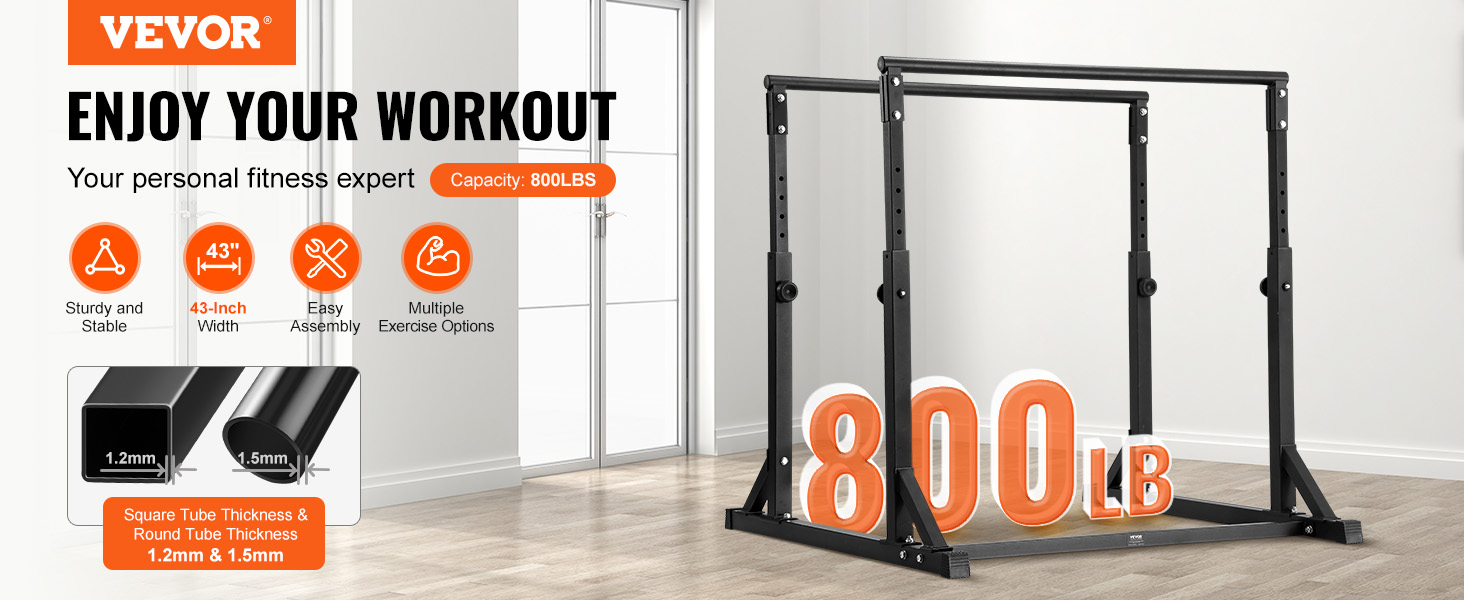 VEVOR dip bar for home workouts, 800lbs capacity, 43-inch width, easy assembly, sturdy and stable.
