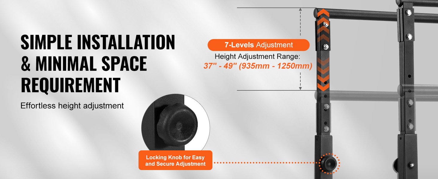simple installation and minimal space requirement for VEVOR dip bar with 7-level height adjustment.