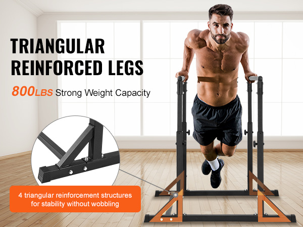 man performing dips on a VEVOR dip bar with triangular reinforced legs for 800lbs strong weight capacity.