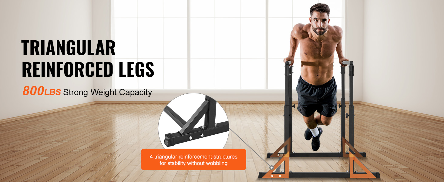 man performing dips on a VEVOR dip bar with triangular reinforced legs for 800lbs strong weight capacity.