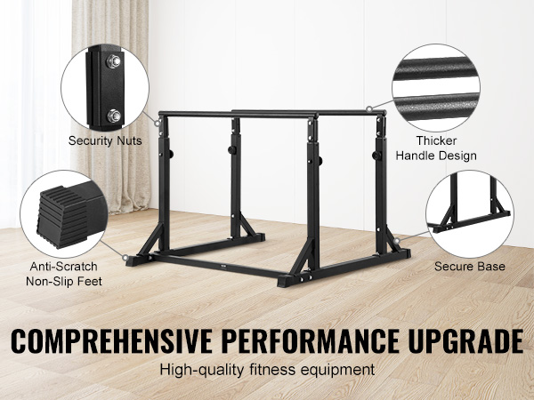 VEVOR dip bar with security nuts, thicker handles, anti-scratch non-slip feet, and secure base for performance.