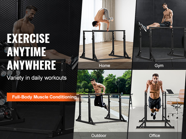 VEVOR dip bar for full-body muscle conditioning at home, gym, outdoor, or office settings.