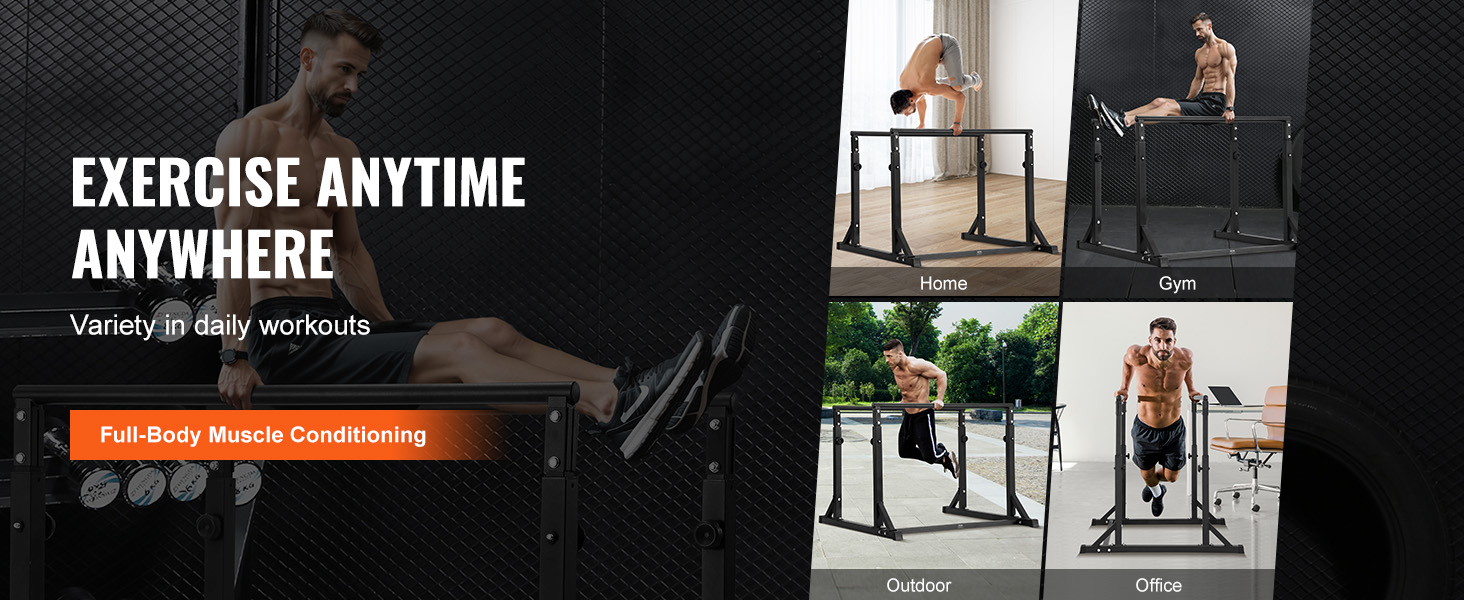 VEVOR dip bar for full-body muscle conditioning at home, gym, outdoor, or office settings.
