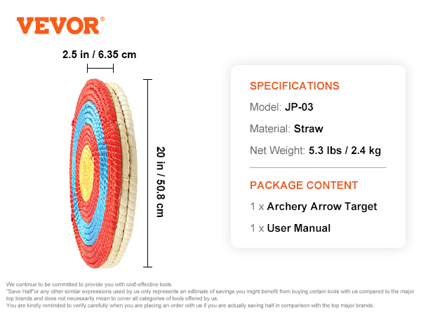 VEVOR archery target jp-03, 20-inch diameter, 2.5-inch thick, made of straw, 5.3 lbs.