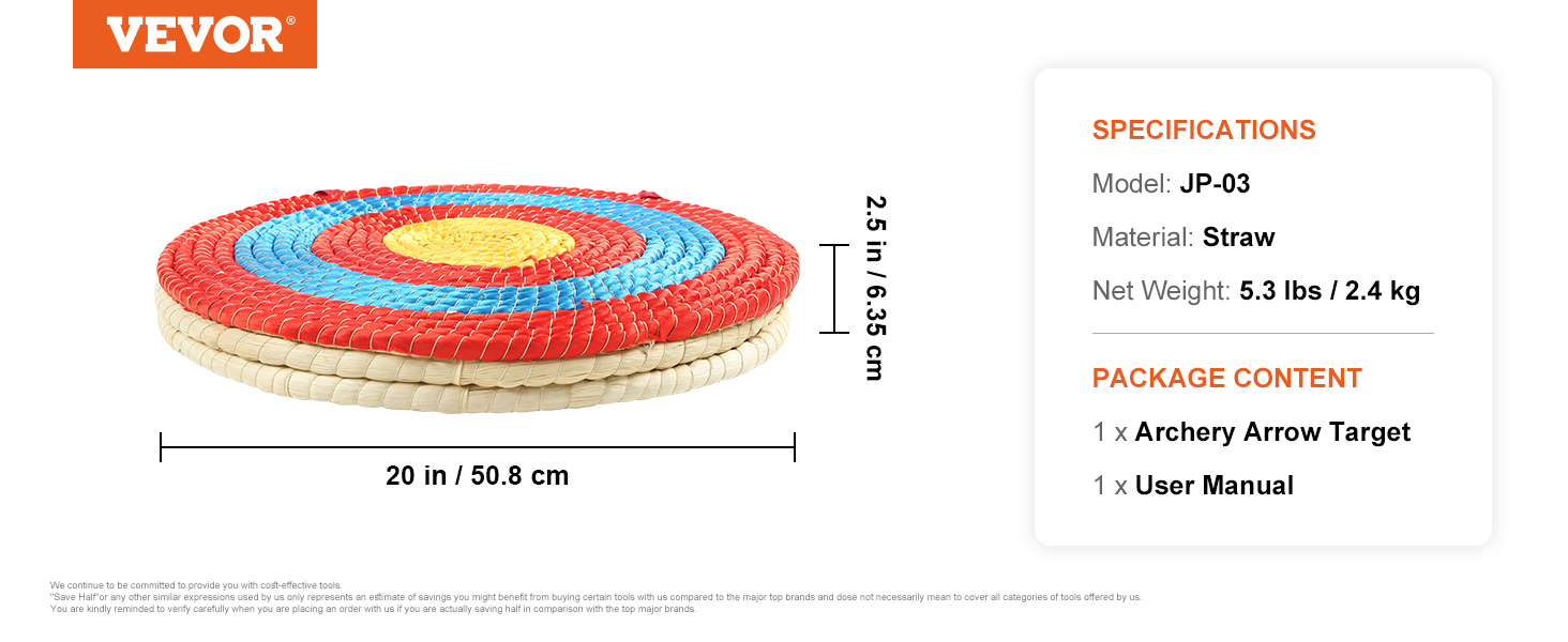 VEVOR archery target jp-03, 20-inch diameter, 2.5-inch thick, made of straw, 5.3 lbs.