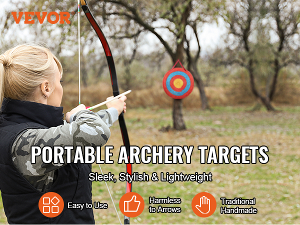 woman aiming at VEVOR archery target in a field with promotional text and benefits icons.