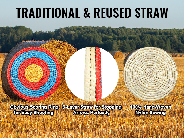 VEVOR archery target with colorful scoring rings, durable 3-layer straw, and hand-woven nylon in a field.
