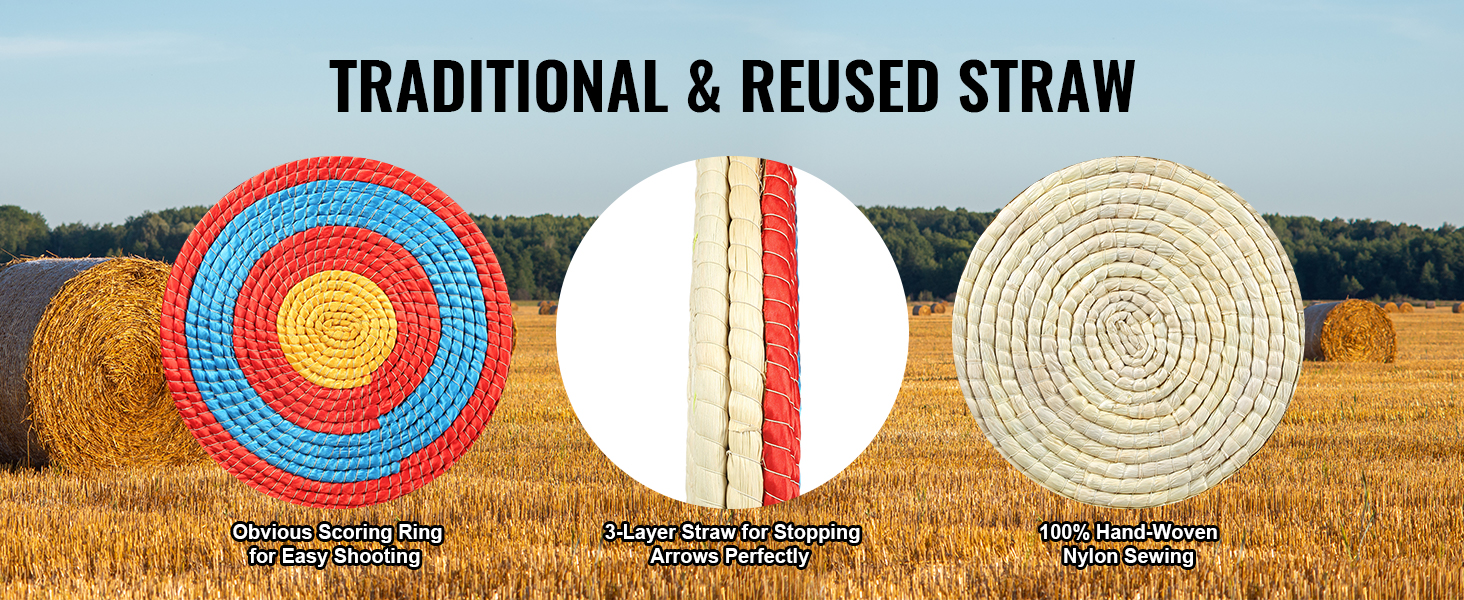 VEVOR archery target with colorful scoring rings, durable 3-layer straw, and hand-woven nylon in a field.