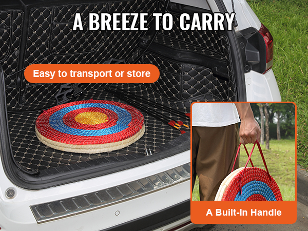 VEVOR archery target in a car trunk, highlighting its easy transport with built-in handle.