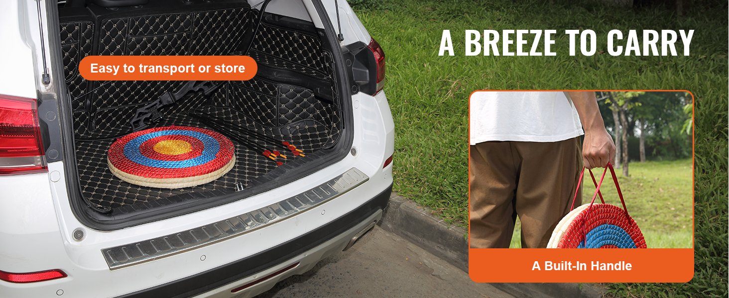 VEVOR archery target in a car trunk, highlighting its easy transport with built-in handle.