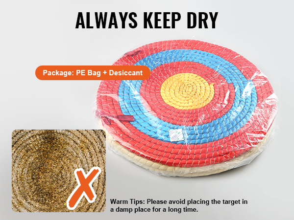 VEVOR archery target wrapped in pe bag with desiccant, emphasizes always keeping it dry.