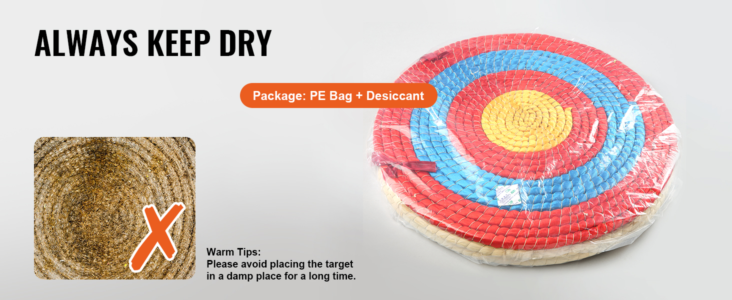 VEVOR archery target wrapped in pe bag with desiccant, emphasizes always keeping it dry.