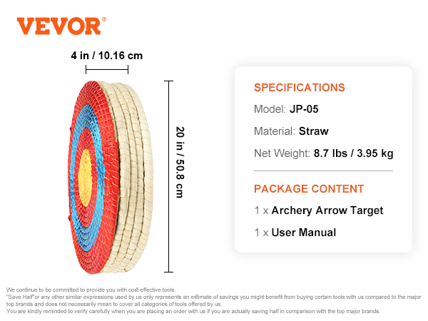 VEVOR archery target, straw material, 20x4 inches, 8.7 lbs, includes user manual. model: jp-05.