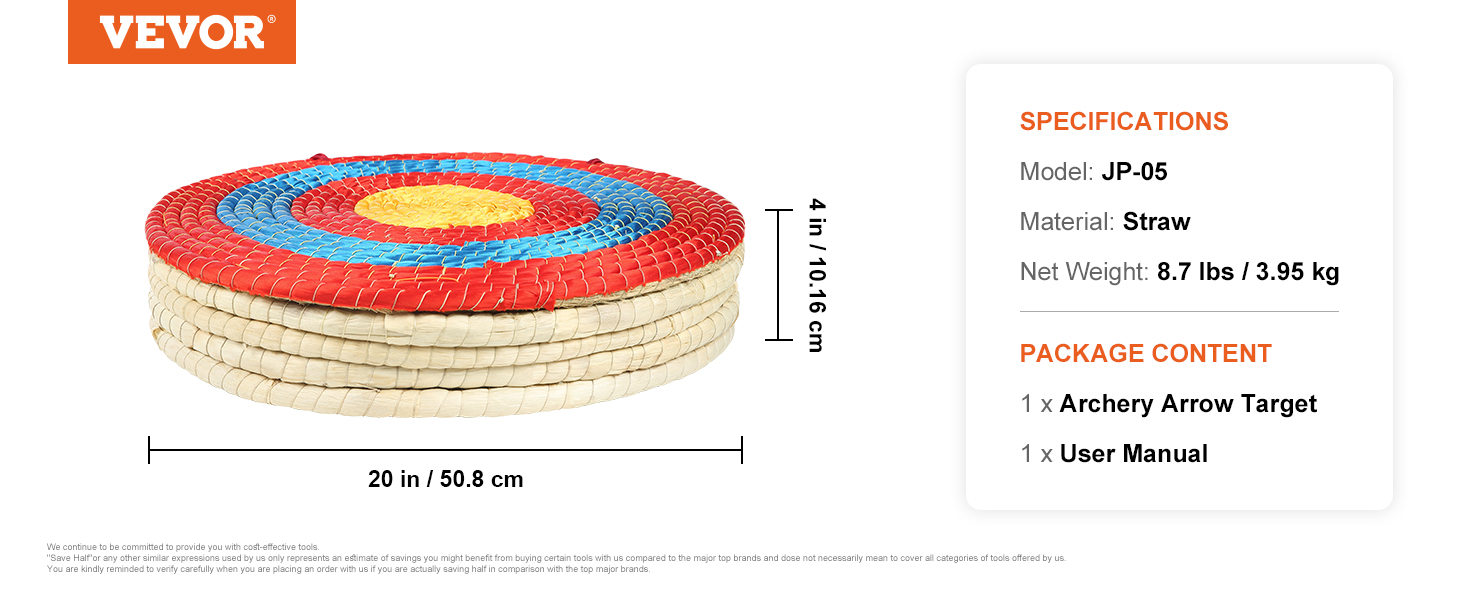 VEVOR archery target, straw material, 20x4 inches, 8.7 lbs, includes user manual. model: jp-05.