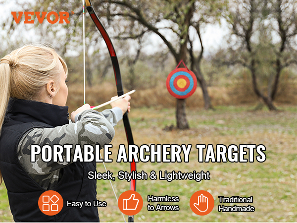 woman aiming at VEVOR archery target with bow outdoors, showcasing sleek and lightweight design.