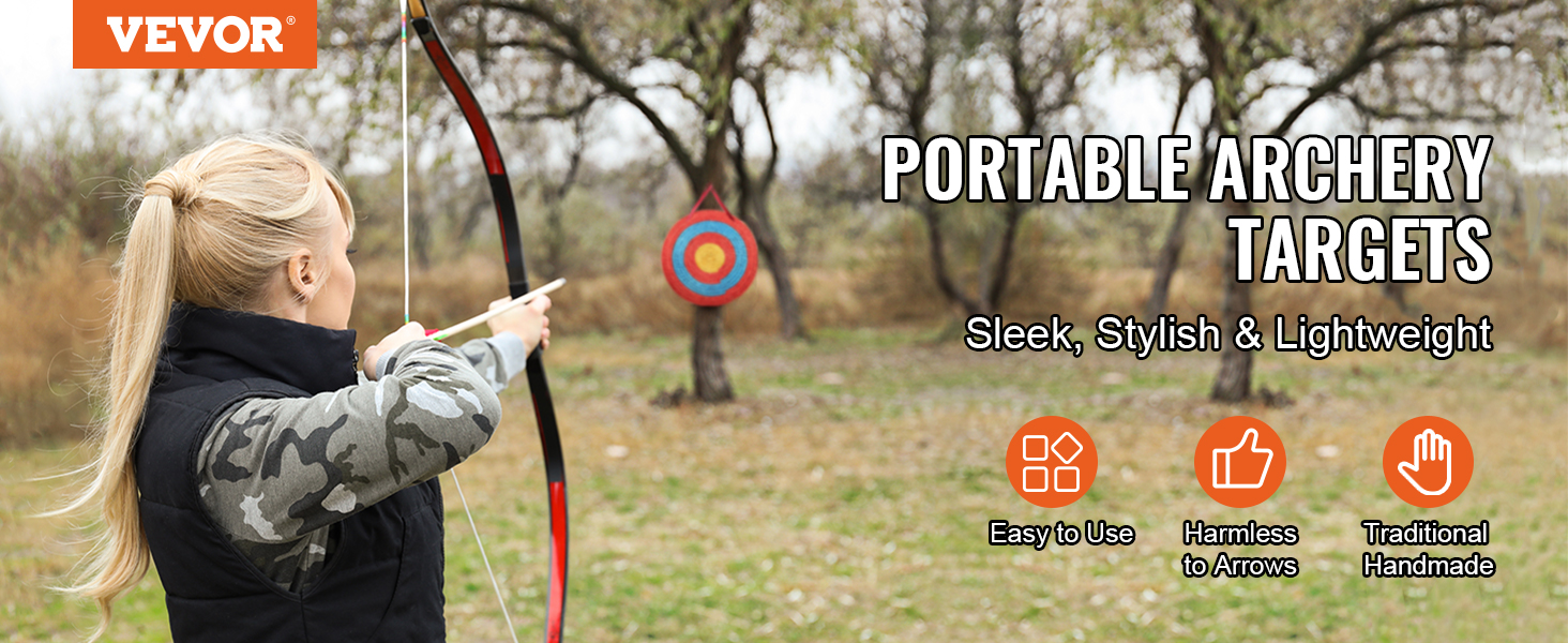 woman aiming at VEVOR archery target with bow outdoors, showcasing sleek and lightweight design.