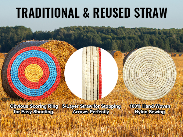 traditional VEVOR archery target with colored scoring rings, 5-layer straw, and hand-woven nylon stitching.