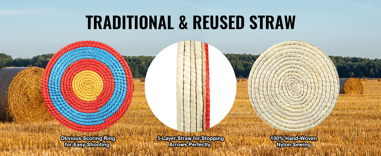 traditional VEVOR archery target with colored scoring rings, 5-layer straw, and hand-woven nylon stitching.