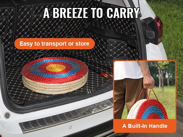 VEVOR archery target with built-in handle in car trunk and man carrying it. easy to transport or store.