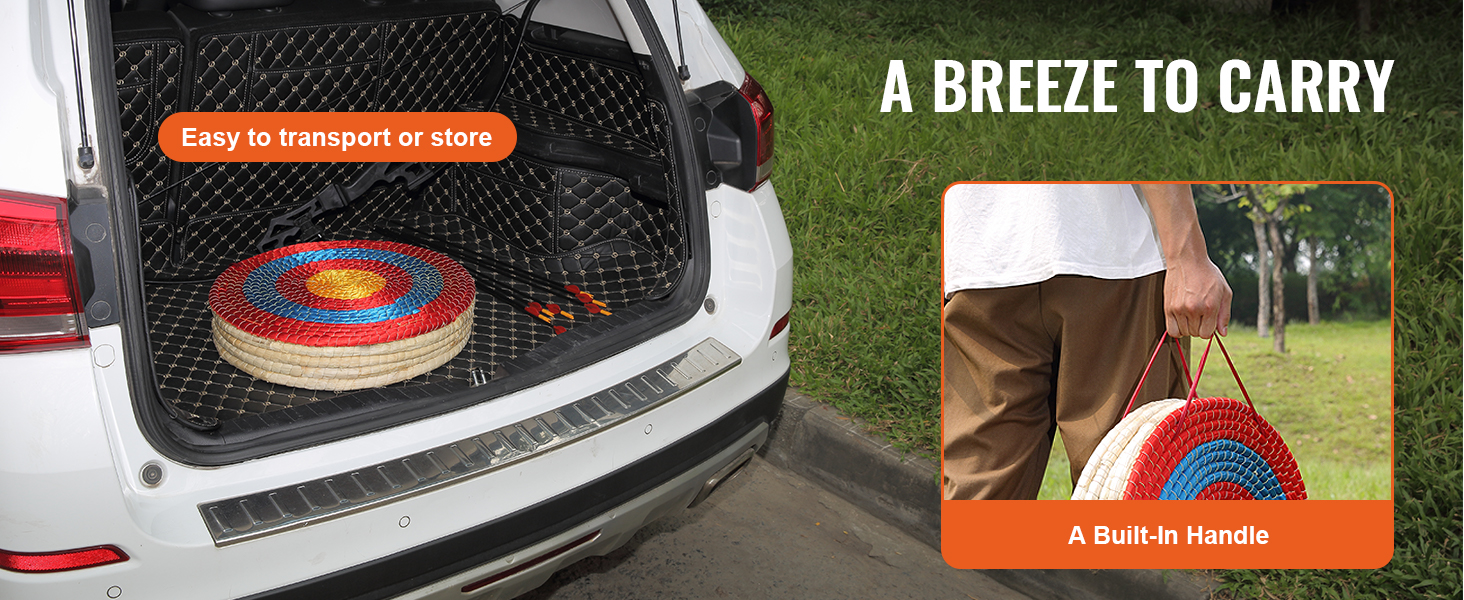 VEVOR archery target with built-in handle in car trunk and man carrying it. easy to transport or store.