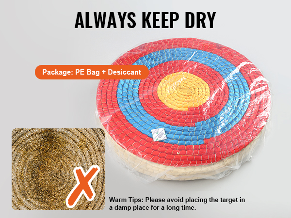 VEVOR archery target wrapped in plastic with instructions: always keep dry; pe bag + desiccant.
