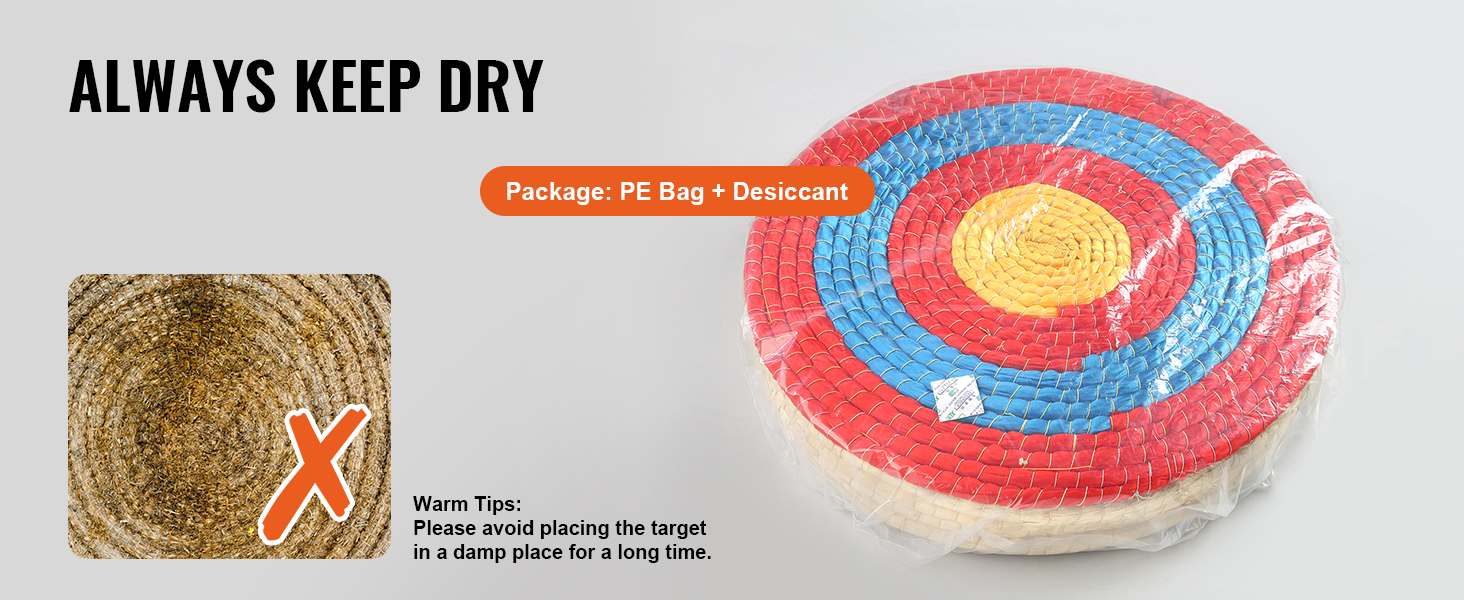VEVOR archery target wrapped in plastic with instructions: always keep dry; pe bag + desiccant.