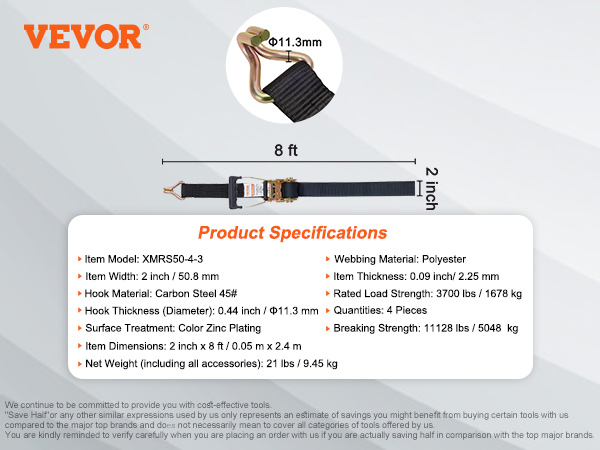 VEVOR ratchet tie down straps, 2-inch width, 8 ft length, 3700 lbs load strength, 4-piece set.