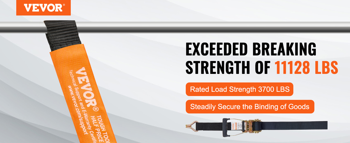 VEVOR ratchet tie down straps with 11128 lbs breaking strength and 3700 lbs rated load strength.