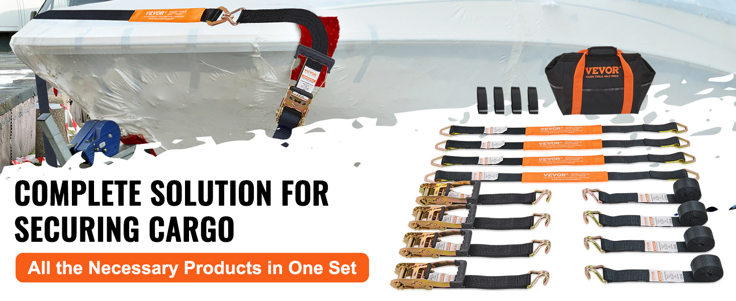 VEVOR ratchet tie down straps set securing boat with straps, hooks, and carrying bag for cargo.
