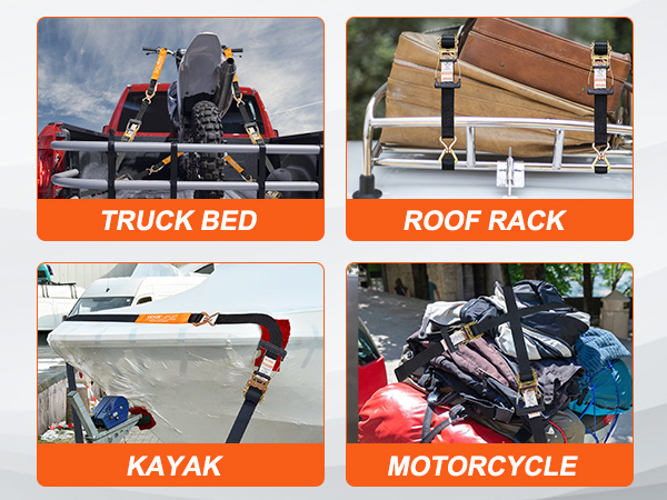 VEVOR ratchet tie down straps securing cargo in truck bed, roof rack, kayak, and motorcycle scenarios.