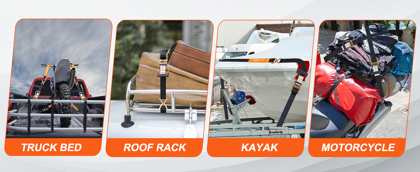 VEVOR ratchet tie down straps securing cargo in truck bed, roof rack, kayak, and motorcycle scenarios.