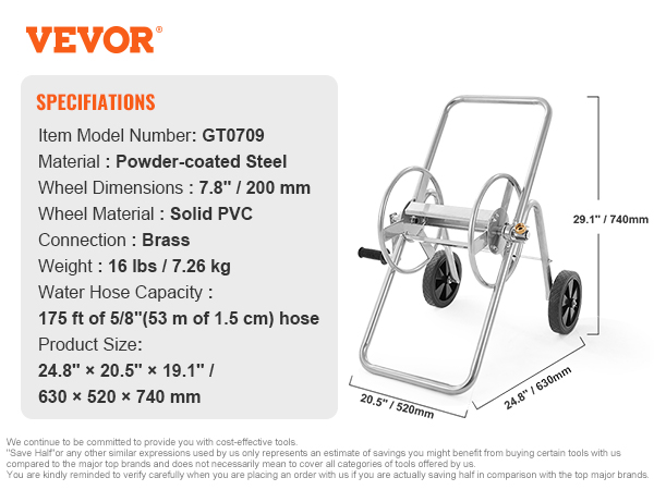 VEVOR hose reel cart with powder-coated steel frame, solid pvc wheels, and 175 ft hose capacity.