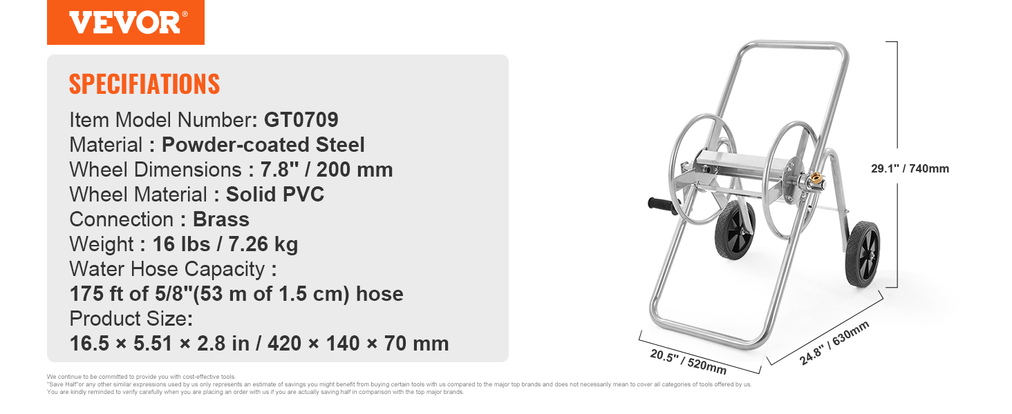VEVOR hose reel cart with powder-coated steel frame, solid pvc wheels, and 175 ft hose capacity.
