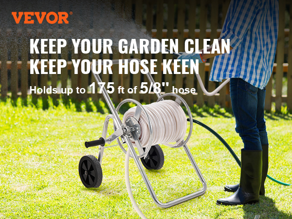 VEVOR hose reel cart in use, holding a 175 ft hose on green lawn, wooden fence background.