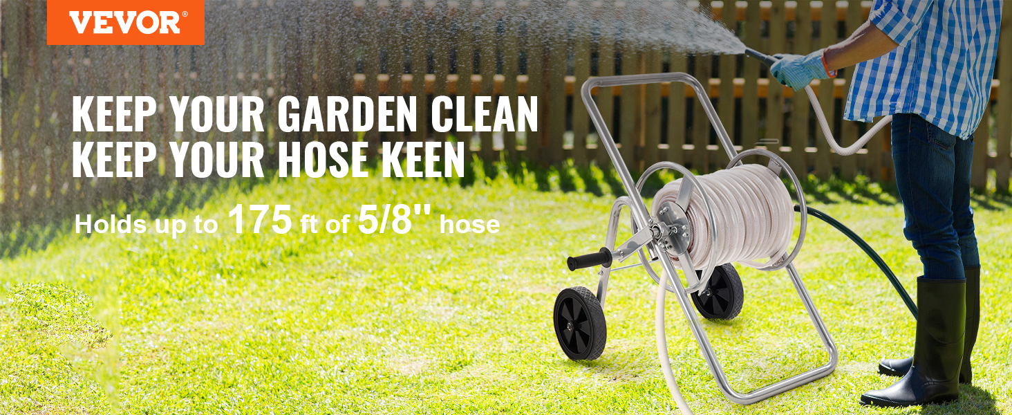 VEVOR hose reel cart in use, holding a 175 ft hose on green lawn, wooden fence background.
