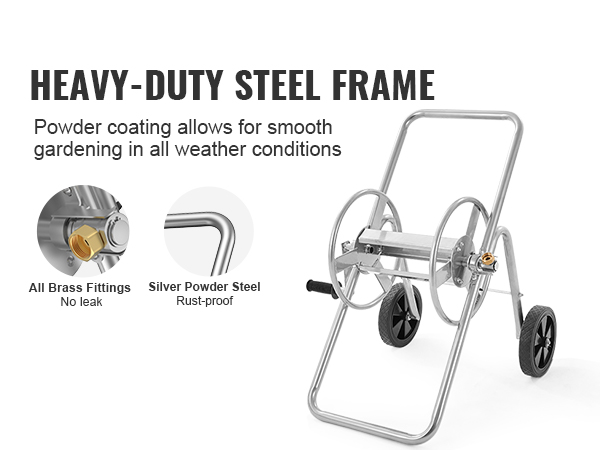 heavy-duty steel frame VEVOR hose reel cart with silver powder steel and all brass fittings.