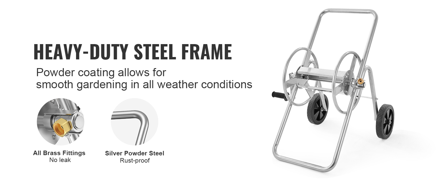 heavy-duty steel frame VEVOR hose reel cart with silver powder steel and all brass fittings.