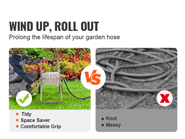 man using VEVOR hose reel cart to keep garden hose tidy vs tangled messy hose on the ground.