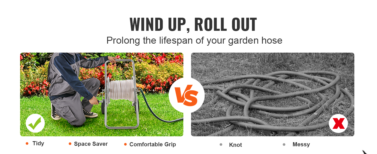 man using VEVOR hose reel cart to keep garden hose tidy vs tangled messy hose on the ground.