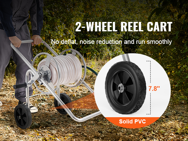man using VEVOR hose reel cart with 7.8-inch solid pvc wheels on a dirt pathway near greens.