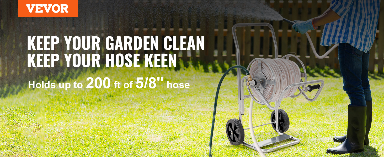 VEVOR hose reel cart in garden holding up to 200 ft of 5/8" hose, man watering plants.