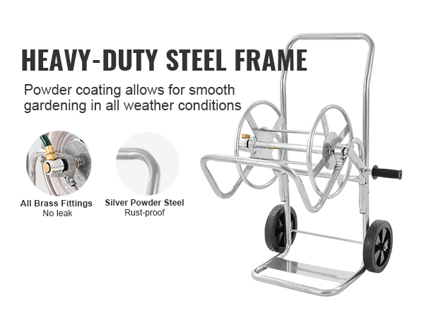 heavy-duty steel frame VEVOR hose reel cart with rust-proof silver powder coating and brass fittings.