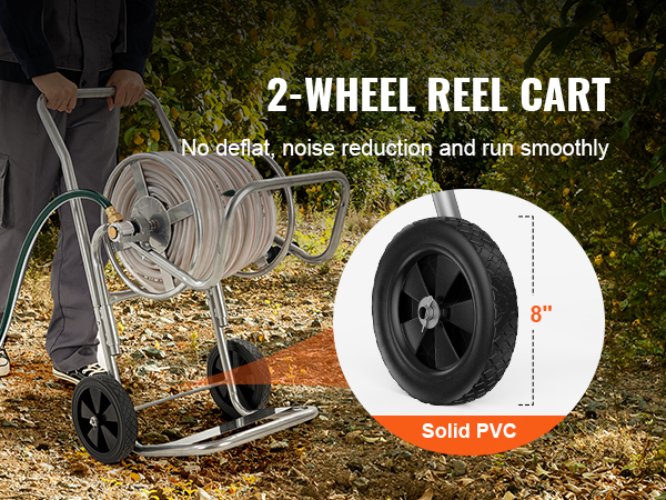 man using VEVOR hose reel cart in a garden with trees, highlighting 8" solid pvc wheels.