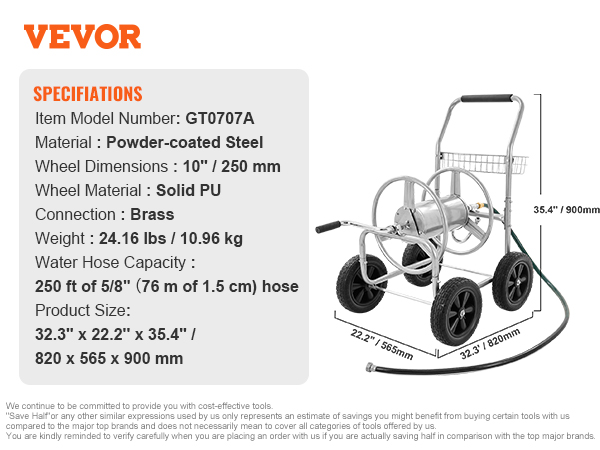 VEVOR hose reel cart in powder-coated steel with solid pu wheels, brass connection, 250 ft hose capacity.