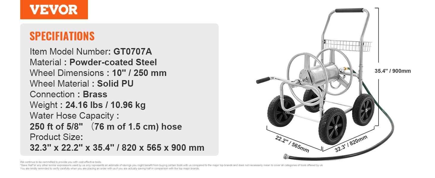 VEVOR hose reel cart in powder-coated steel with solid pu wheels, brass connection, 250 ft hose capacity.