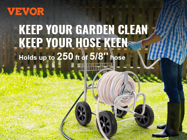 VEVOR hose reel cart holds 250 ft of 5/8" hose, watering lawn next to wooden fence. keep garden clean.