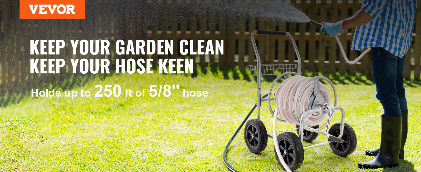 VEVOR hose reel cart holds 250 ft of 5/8" hose, watering lawn next to wooden fence. keep garden clean.